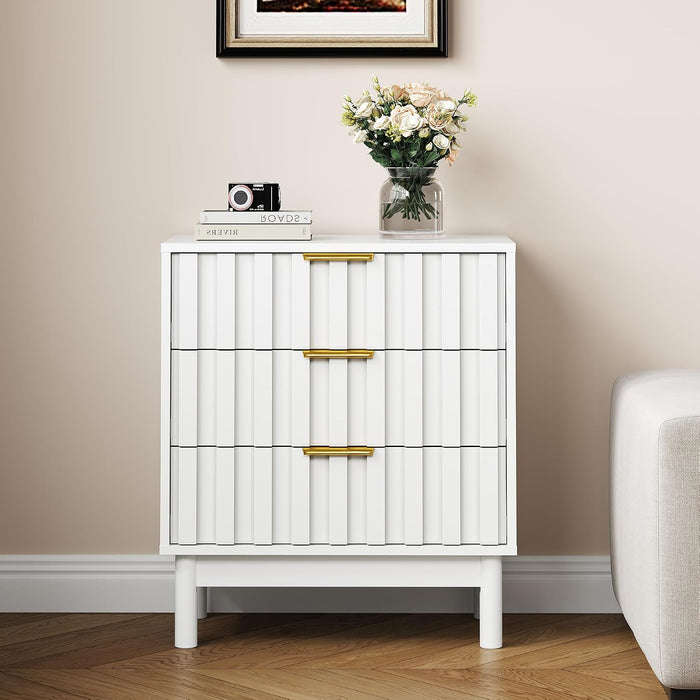 RoyalCraft 3 Drawer Nightstand, Modern Fluted Chest of Drawers, Wooden Storage Night Stand Side Table with Chic Edge Pull, Perfect for Bedroom, Living Room, Entryway, White