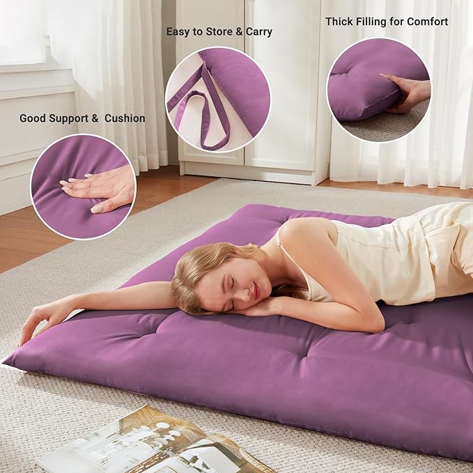 Japanese Floor Futon Mattress Twin Size 39"x 80", Foldable Floor Bed Mattress, Portable Tatami Mat Sleeping Pad, Folding Futon Cushion, Roll Up Floor Lounger for Guest Room Dormitory (Purple)