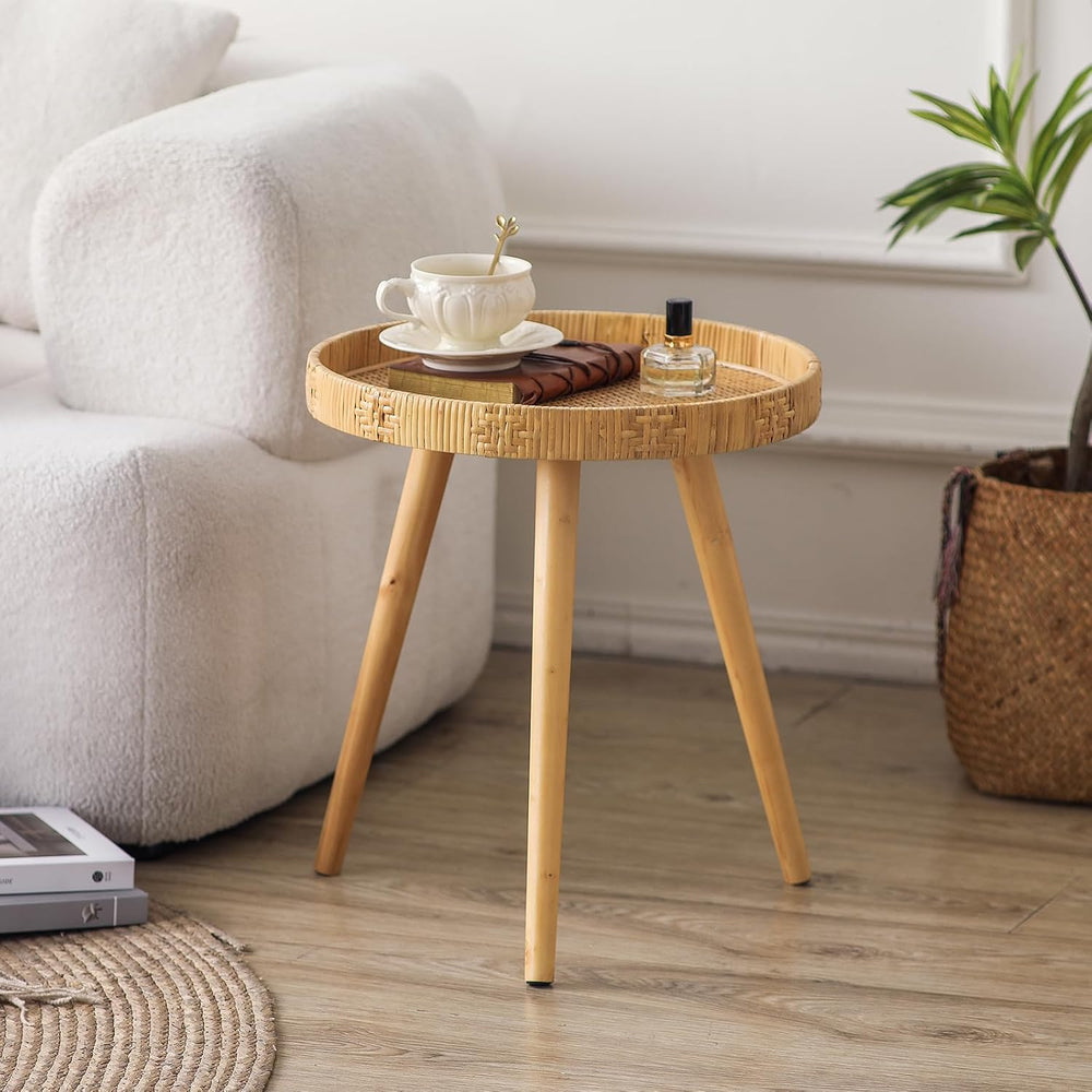 Round Side Table, Boho Circle End Table Coffee Table with Solid Wood Leg, Rat...