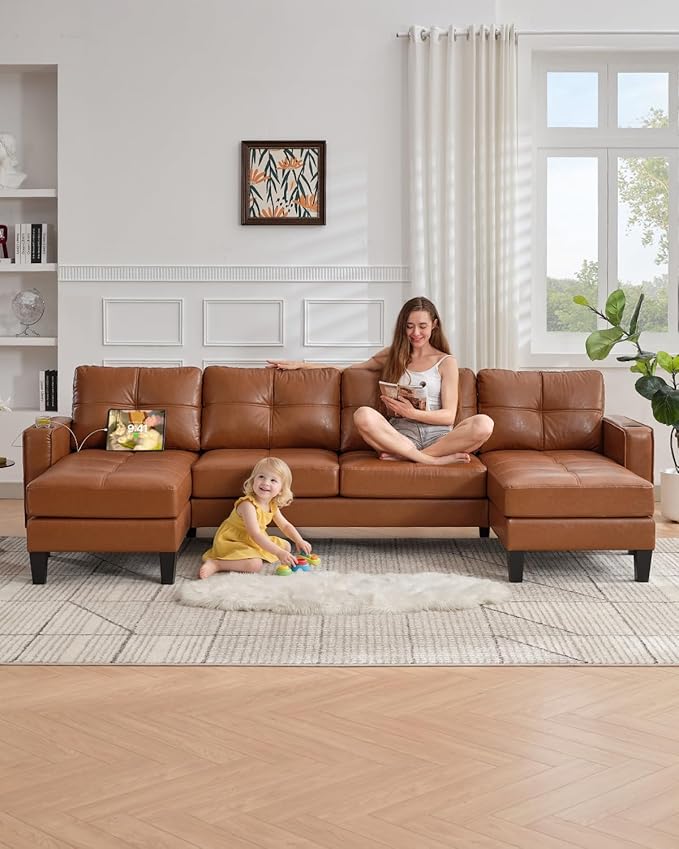TYBOATLE 116’’ W Brown Faux Leather Sectional Couch w/USB and Cup Holders for Living Room, Comfy Tufted U Shaped Sofa w/Chaise Lounge, Office Leather Sofa for Bedroom
