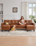 TYBOATLE 116’’ W Brown Faux Leather Sectional Couch w/USB and Cup Holders for Living Room, Comfy Tufted U Shaped Sofa w/Chaise Lounge, Office Leather Sofa for Bedroom