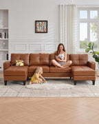 TYBOATLE 116’’ W Brown Faux Leather Sectional Couch w/USB and Cup Holders for Living Room, Comfy Tufted U Shaped Sofa w/Chaise Lounge, Office Leather Sofa for Bedroom
