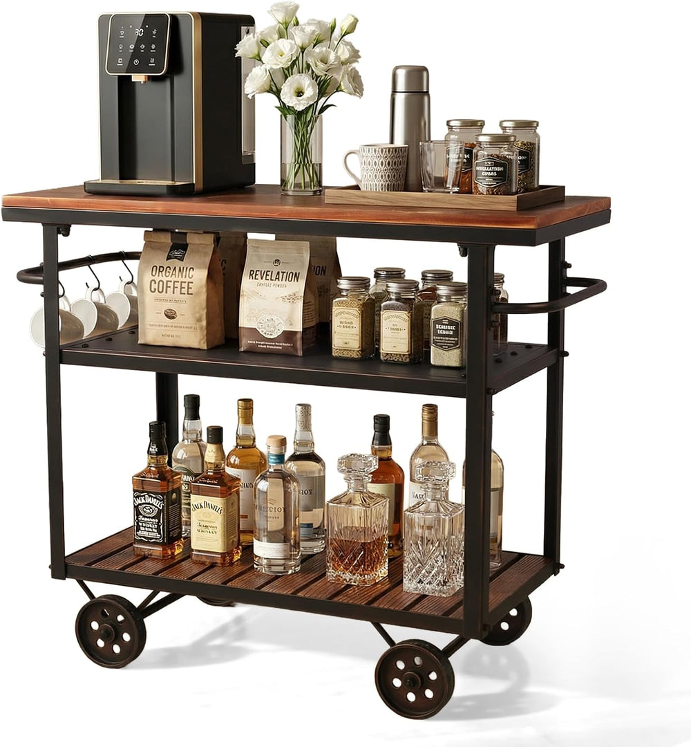 Farmhouse Mobile Cart with Wheels for Home Kitchen Industrial Rolling Food Ca...