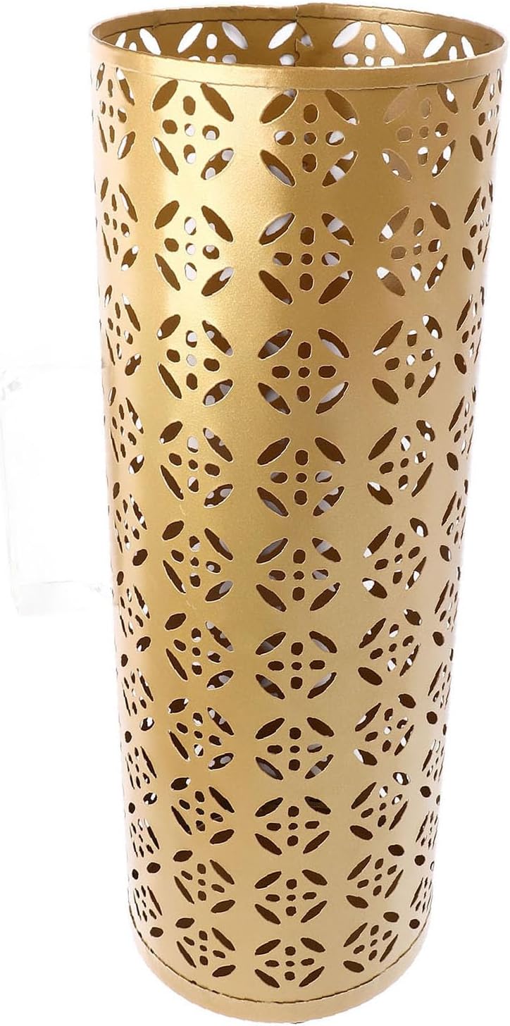 Zerodis Large Round Hollow Design Metal Umbrella Holder, Stylish Gold Finish Steel Umbrella Stand for Entryway, Home Office, and Outdoor Use (L)