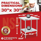 DuraSteel 30x30 Stainless Steel Work Table - NSF Commercial Prep Metal Table - Outdoor Pizza Oven Stand w/Under Shelf - Kitchen Island Laundry Utility Garage Microwave Stand Large Rolling Storage Cart