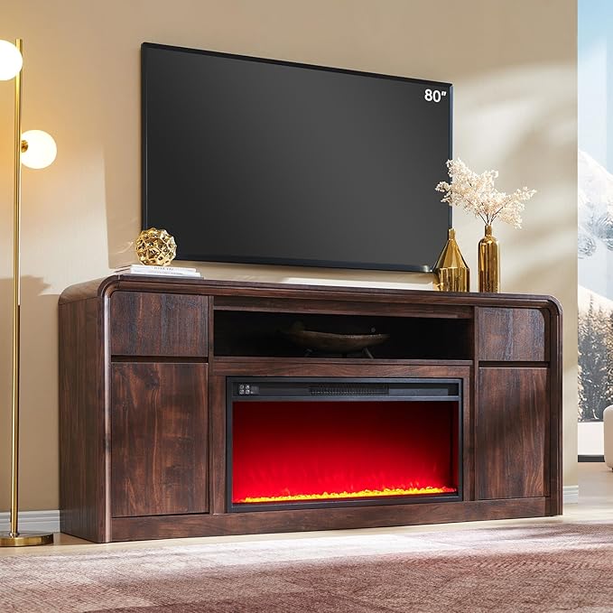 Modern Fireplace TV Stand with 36" LED Electric Fireplace for 80 inch TVs, 32" Tall Entertainment Center w/Drawers &Adjustable Shelves, Wood Media Console w/Curved Profile Design for Living Room,Brown