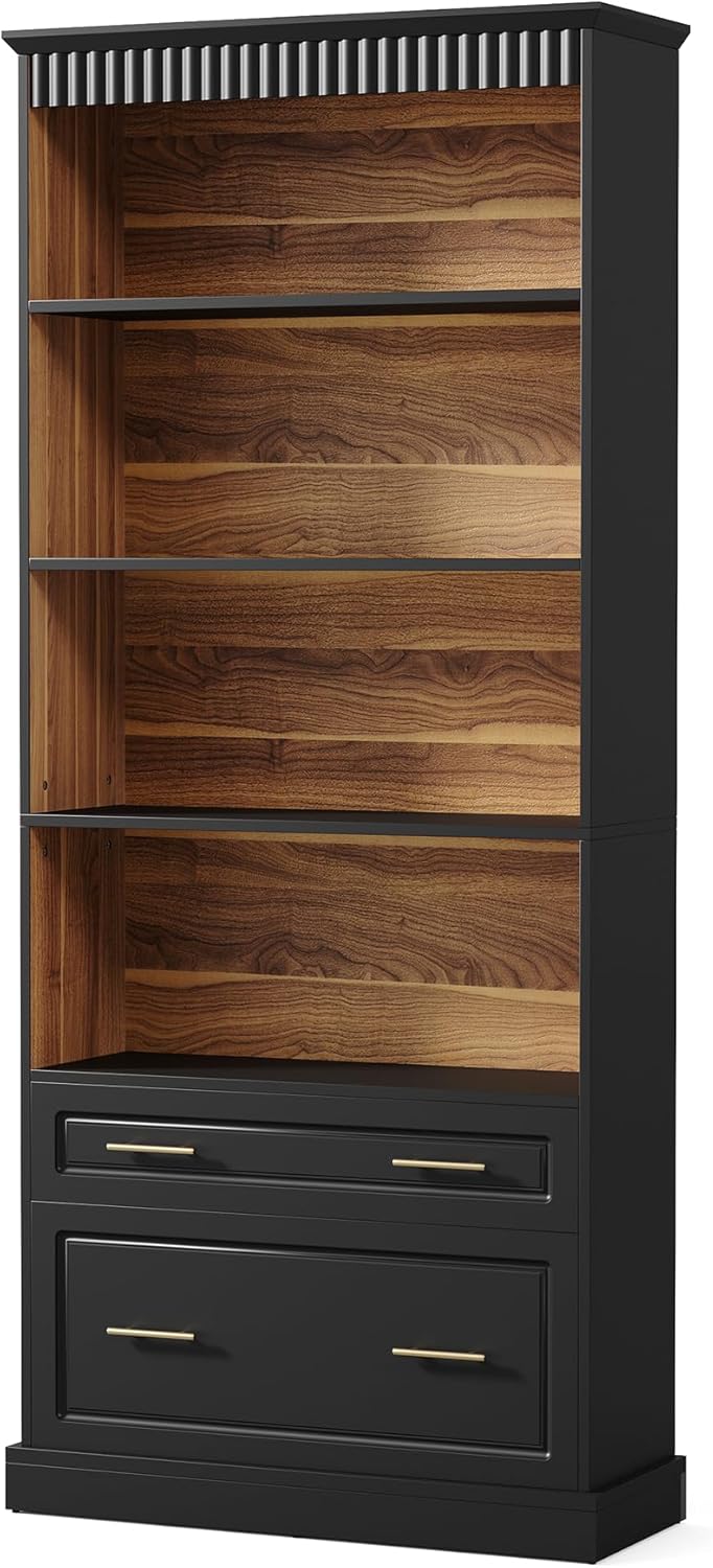 LITTLE TREE 72" Tall Black Bookcase with 2 Drawers, 5-Tier Bookshelf wit...