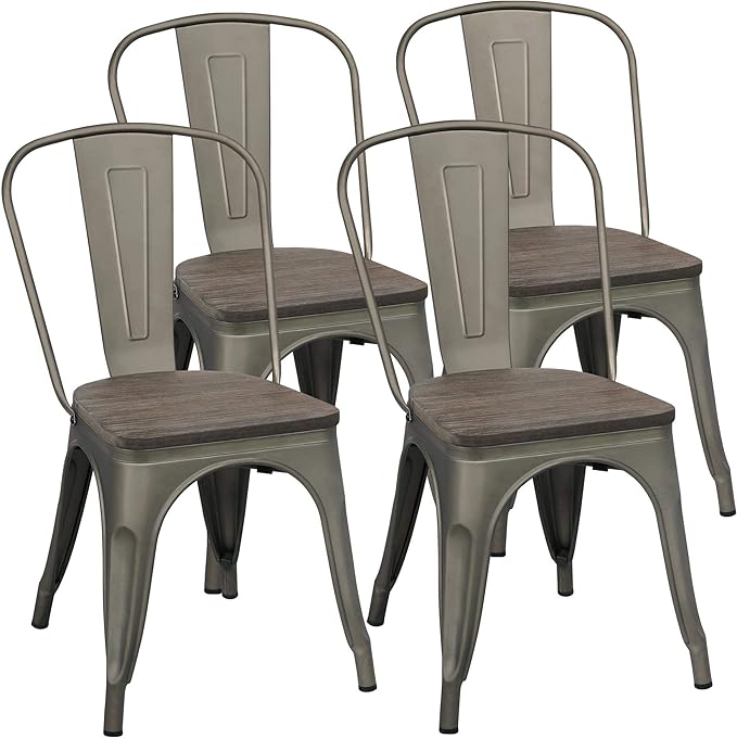 Yaheetech Metal Dining Chairs Set of 4, Industrial Stackable Kitchen Chairs with Wood Top Seat for Dining Room/Restaurant/Bistro/Patio, Indoor & Outdoor Use, Gun Metal