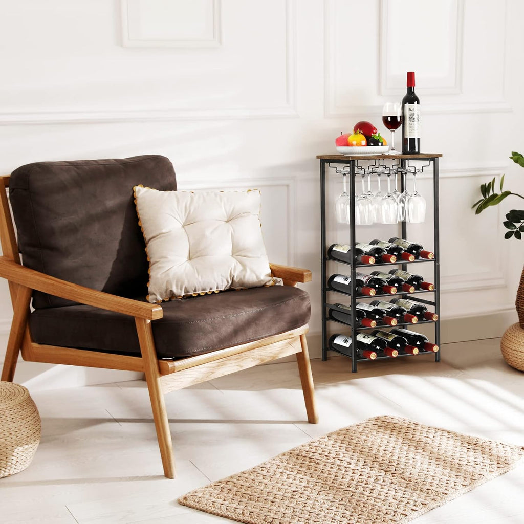 OYEAL Wine Rack Freestanding Floor, Rustic Wine Holder Stand with Wine Storage and Bottle Shelf, 16 Bottles Floor Wine Rack Shelf for Kitchen Dining Room, Office, Bar, Rustic Brown