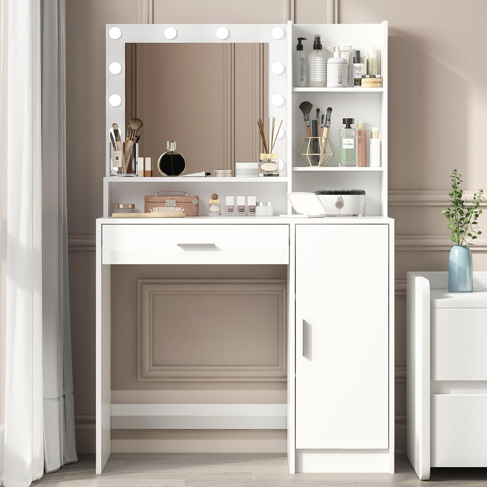 Palimder Vanity Desk with Mirror & Light, Large Drawer Three Level Storag...