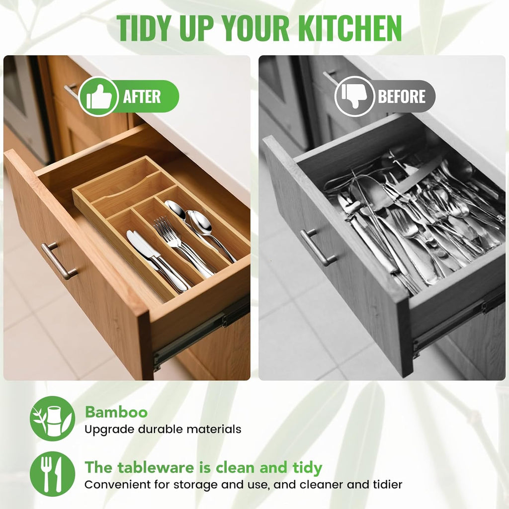 Small Silverware Organizer, Bamboo Kitchen Drawer Cutlery Organizer, Utensil Holder, Flatware Organizer Tray (6.7"x14.2"x1.6")