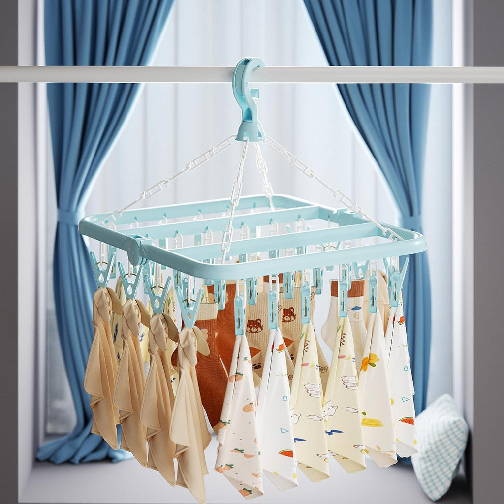 Laundry Drying Rack with 32 Hanger Clips, Foldable Clip Hangers for Drying Socks, Underwear & Towels, Portable Clothes Rack, 360° Rotatable Hook Plastic Baby Hangers (Light Green)