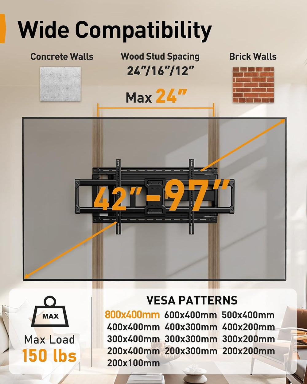 Perlegear Long Arm Full Motion TV Wall Mount for 42–97 Inch TVs up to 150 lbs...