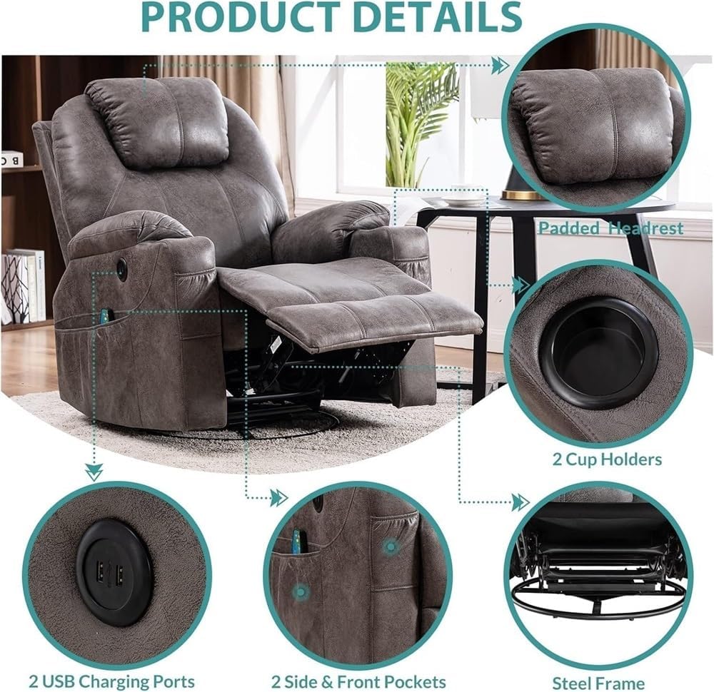 Modern Swivel Rocker Recliner Chair with Massage and Heat Manual Glider Lounge Recliner with Cup Holder and Vibration for Living Room Bedroom