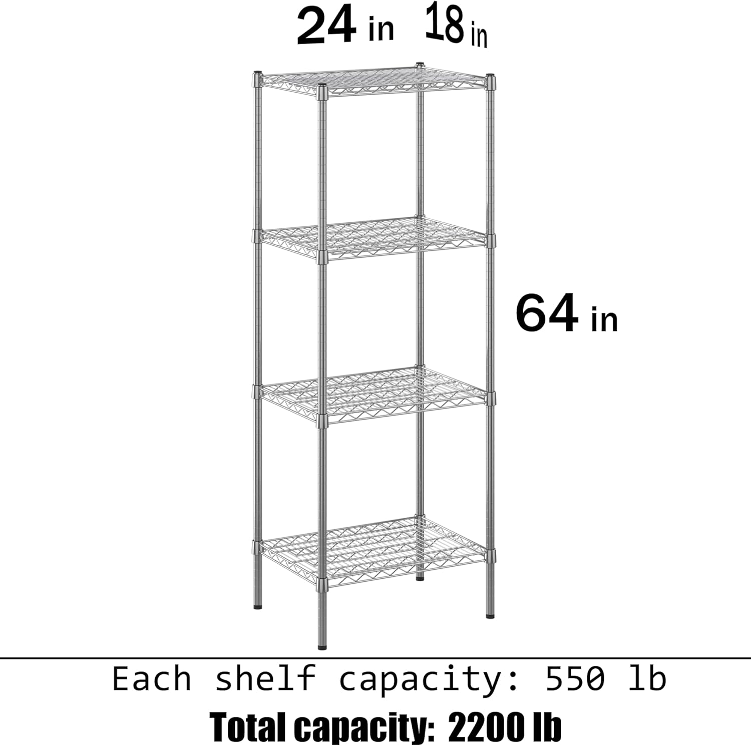 18" Deep x 24" Wide x 64" Height Wire Shelving Kit | 4-Tier | NSF Commercial Storage Rack Unit