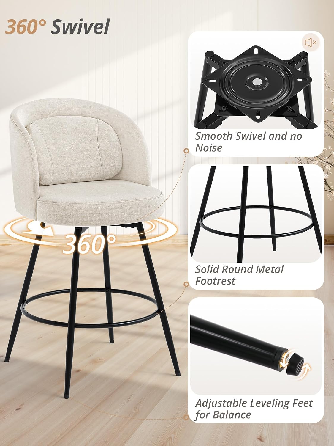 LUE BONA 26''H Swivel Bar Stools Set of 3, Counter Height Bar Stools with Backs, Lumbar Pillow and Black Metal Frames, Upholstered Modern Barstools for Kitchen Island, Linen Farbic, Linen Color