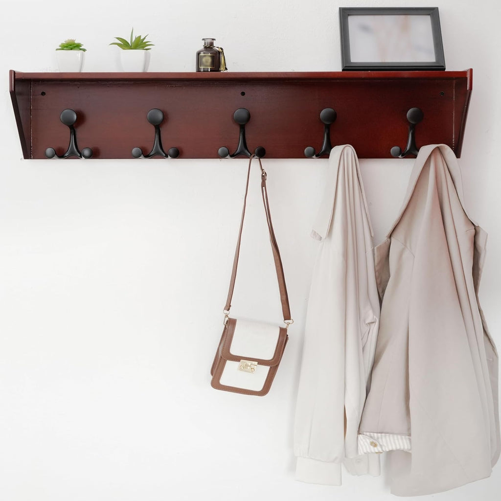 WEBI Wall Shelf with Hooks Underneath,35” Long Wall Mounted Coat Rack with Shelf,Entryway Coat Rack with 5 Triple Hooks for Hanging Coats,Jacket,Hallway,Bedroom,Mudroom,Cherry