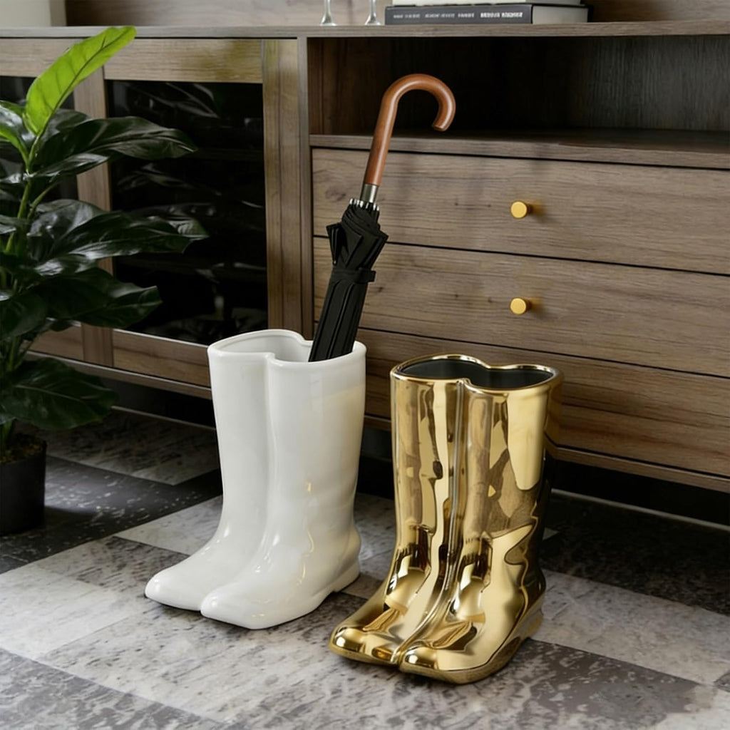 Indoor Rain Boots Umbrella Rack Tall Entryway Ceramic Umbrella Stand Holder Multifunctional Vase Floor Storage Umbrella Canes/Walking Sticks Bucket for Home Office Porch.(White)