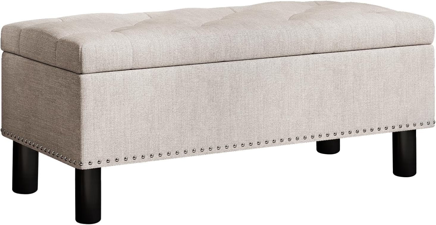 Furniliving 42" Ottoman with Storage, End of Bed Bench with Button-Tufted Large Upholstered Storage Ottoman Entryway Bench Storage Bench for Bedroom, Living Room, Linen, Beige