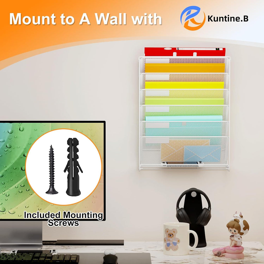 Kuntine.B Wall File Organizer Hanging Magazine Holder (White, 7 Tier 2 Pack)