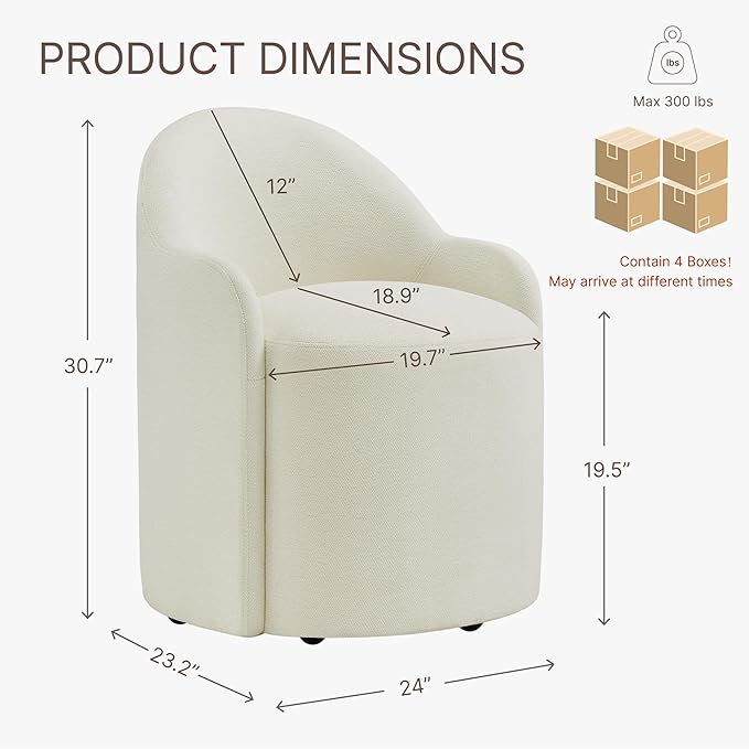Upholstered Dining Chairs with Casters, No Assembly Modern Dining Room Chairs Accent Vanity Chair with 5 Wheels & Round Backrest for Bedroom, Living Room, Dressing, Linen Fabric, Set of 4