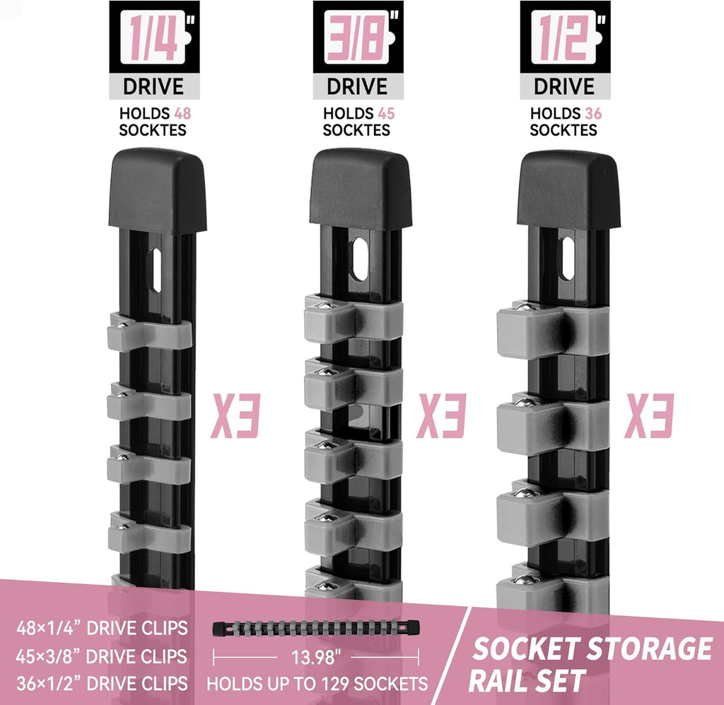 Socket Organizer Drive ABS Tools - Grey Socket Holder, Premium Quality 9 Pieces Socket Holders Kit 1/4-Inch x 48 Clips, 3/8-Inch x 45 Clips, 1/2-Inch x 36 Clips（9PC,Grey)