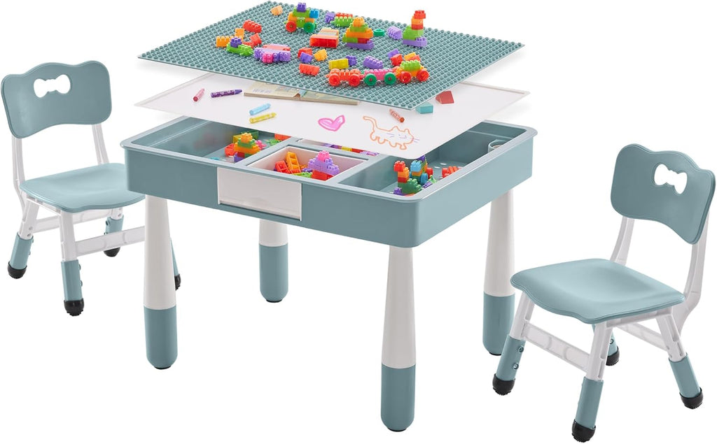 DOREROOM 4 in 1 Kids Table and 2 Chairs Set with Storage, Toddler Table and Chair Set for Kids Ages 3-10, Graffiti & Building Blocks Double-Sided Tabletop (Grayish Blue, 2 Chairs)