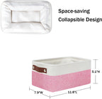 DULLEMELO Small Storage Baskets 6 Pack, Fabric Collapsible Gift Storage Baskets for Shelves, Closets, Nursery, Home, Office Organizing,Small Canvas Linen Rectangular Storage Bins (6-Pack, White&Pink)