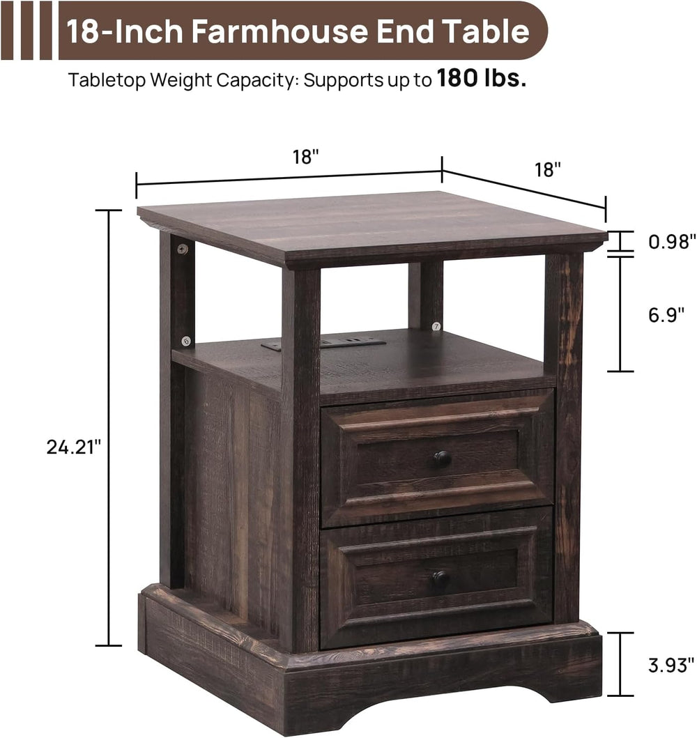 ALBAD Farmhouse Nightstand with Charging Station Rustic Bedside Table with 2 ...