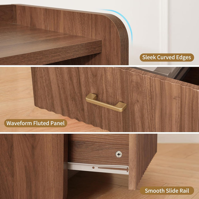 Night Stand with Charger Station - Modern Wood Nightstand with Drawer Storage, Fluted Wide Nightstands Bedside Table, Mid Century Night Stands for Bedroom Home Office Sofa, Walnut