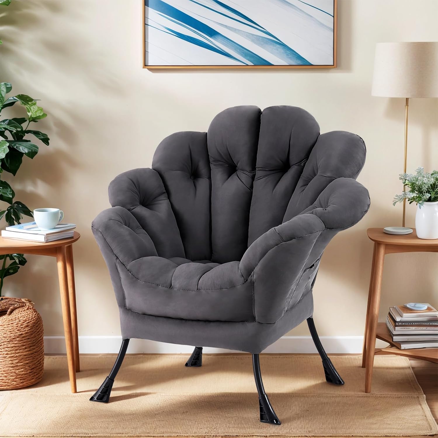 Lazy Chair for Living Room, Modern Floral Reading Chair, Dark Grey Accent Chairs, Comfortable Oversized Armchairs for Bedroom, Courtyard