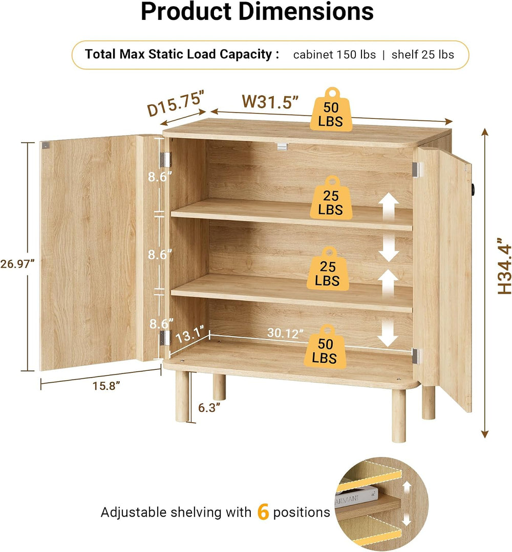 Fluted Sideboard Buffet Cabinet with Storage, 31'' Natural Oak Wood B...