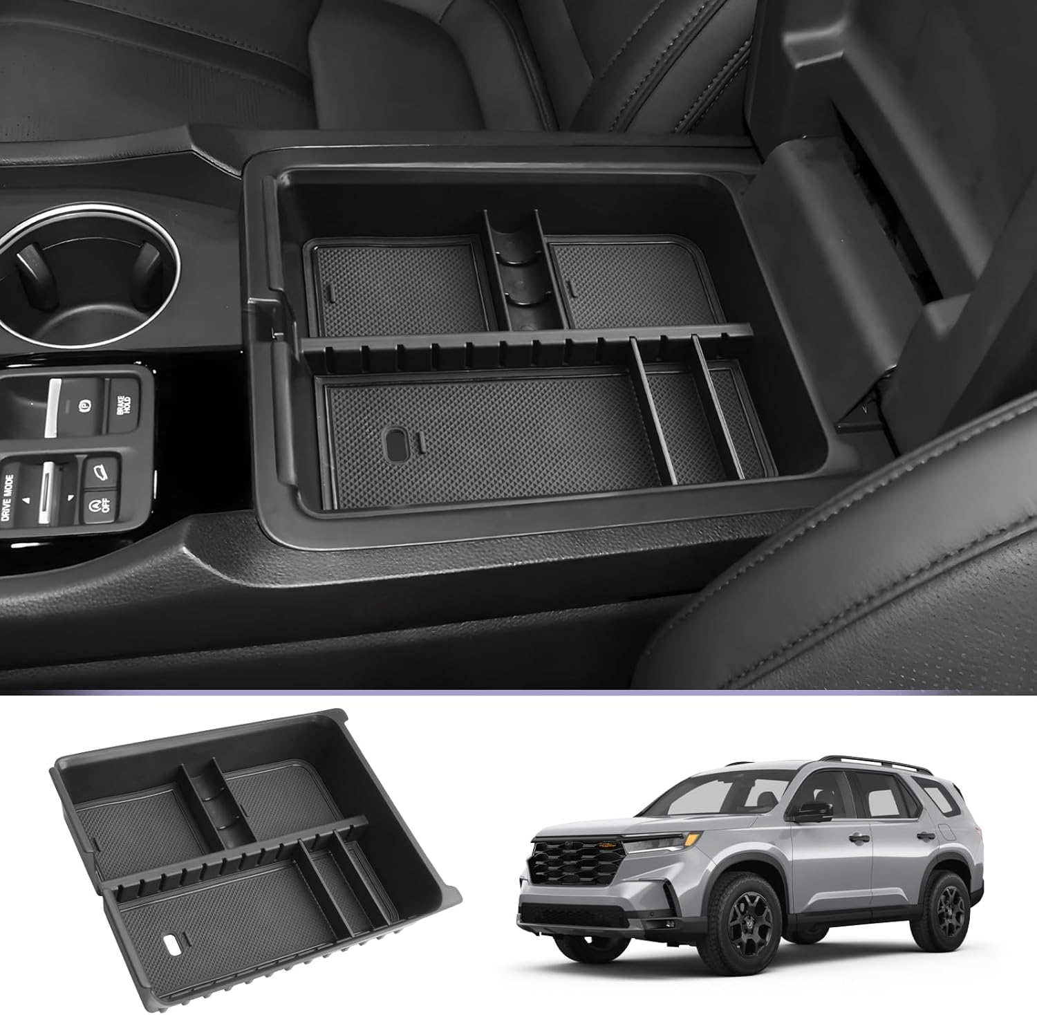 Center Console Organizer Compatible with 2023 2024 2025 Honda Pilot & 2024 2025 Ridgeline & 2024 2025 2026 Honda Passport Accessories Armrest Console Organizer Armrest Organizer Insert Tray (Black A)