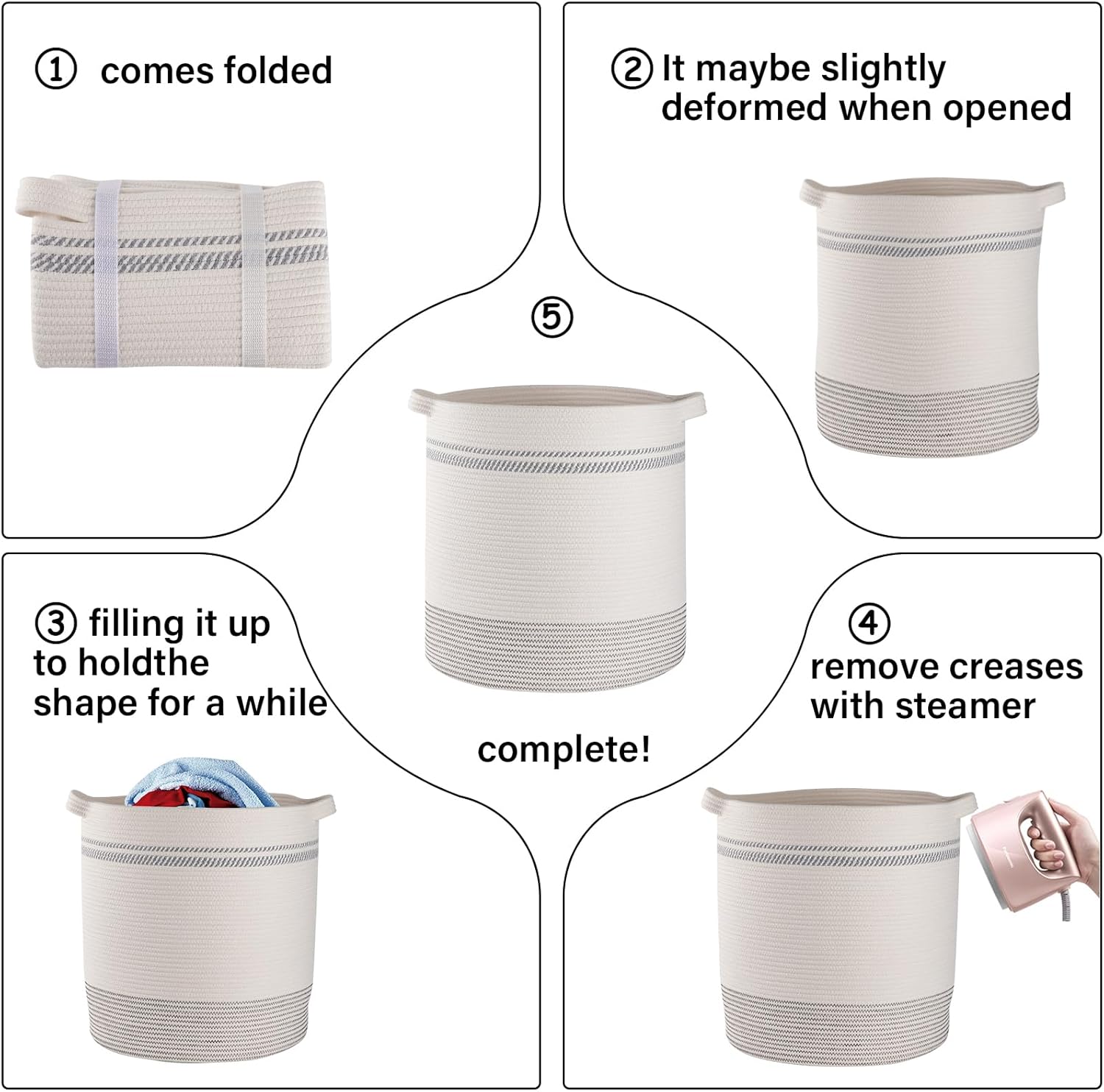 OIAHOMY 80L Laundry Basket, Laundry Hamper, Cotton Rope Storage Basket with Handles, Decorative Woven Basket for Living Room,Storage Baskets for Clothes, Blankets, and Toys -20''×18'', White&Gray
