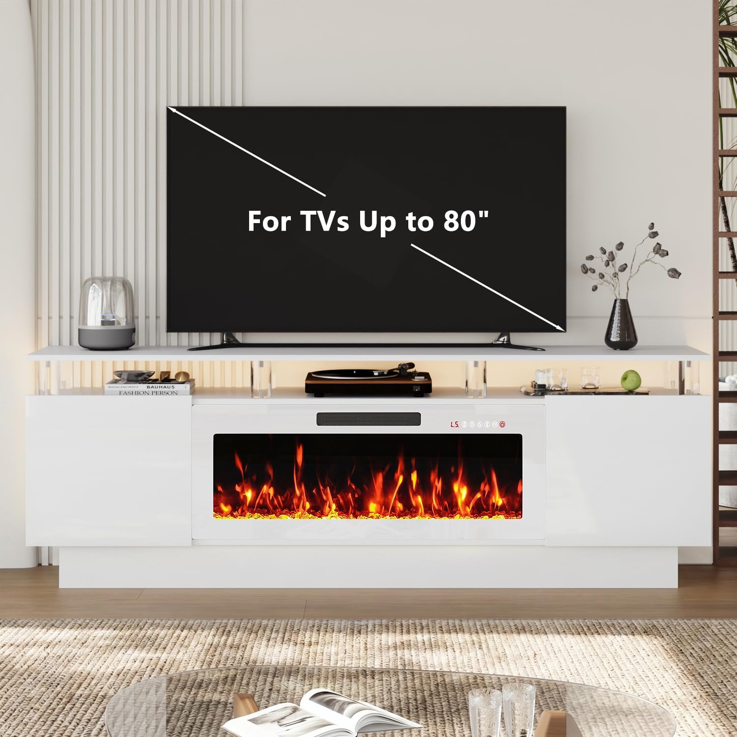 Fireplace TV Stand with White Fireplace, 70 Inch White Fire Place TV Stands for Living Room, Modern Electric Fireplace TV Stand with Cabinets & Acrylic Columns, Entertainment Center for TVs Up to 80"