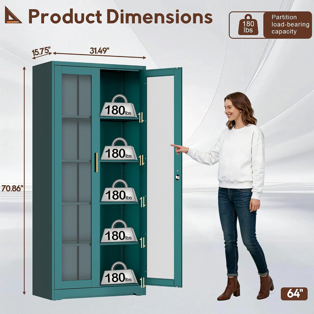 UNICOLY Lockable Display Cabinet with Glass Doors and 4 Adjustable Shelves