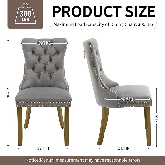 Velvet Dining Chairs Set of 2, High-end Tufted Upholstered Dining Chair with Back Ring Pull, Nailhead Trim and Golden Solid Wood Legs, Modern Dining Room Chairs for Dining Room, Light Gray