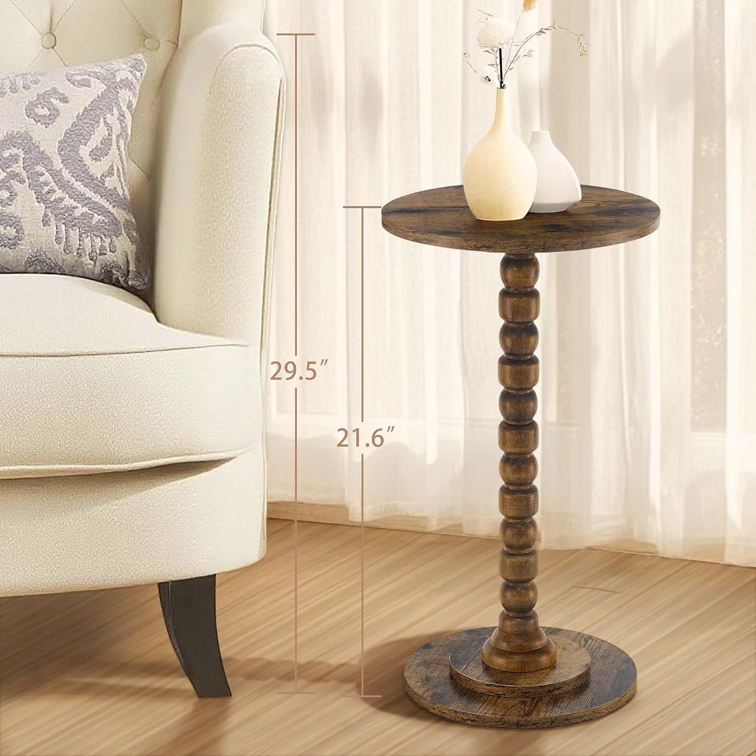 Round Side Table, Small End/Drink Table for Small Spaces, Modern Accent Tables with Solid Wood Leg for Bedroom, Living Room, Corners and Office (Rustic Brown)
