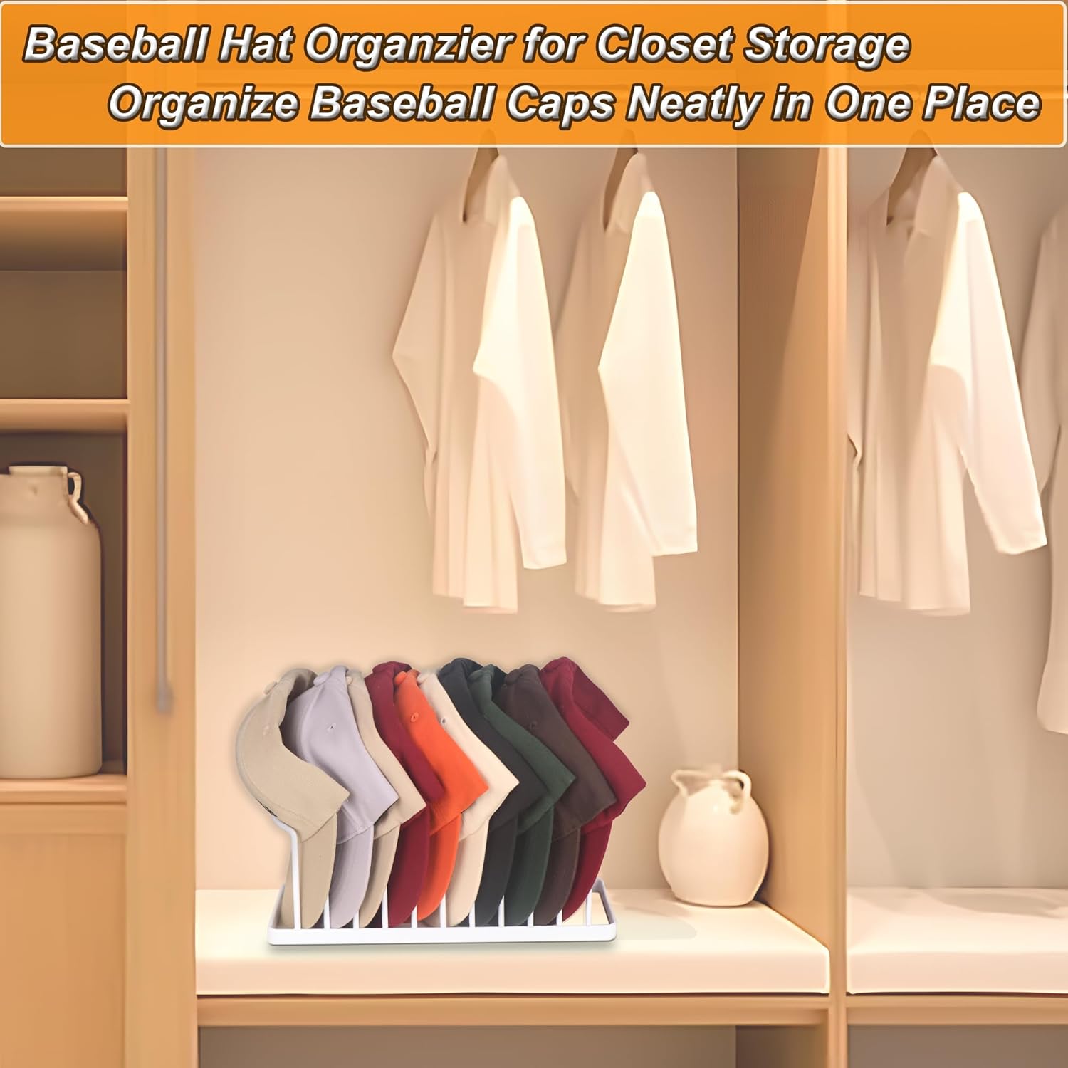 Hat Organizer for Baseball Caps - Space Saving Hat Stand Hold 10 Caps - Premium Metal Hat Rack for Baseball Caps Display & Organizer Neat and Orderly - Hat Organizer for Closet