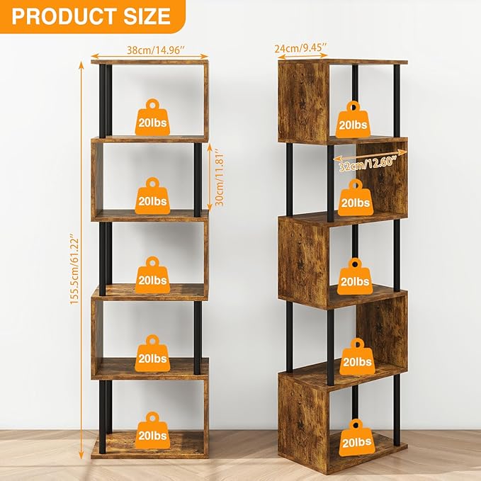 IBUYKE 6-Tier Tall Bookshelf,S-Shaped Geometric Bookcase, Wood Display Shelve...