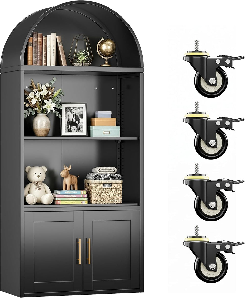 72.3" H Arched Bookshelf with Doors, Metal Arched Bookcase