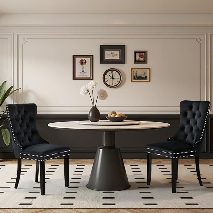 Velvet Upholstered Dining Chairs Set of 2, Modern Style Kitchen Side Chairs with Nailhead Trim and Wood Legs,Metal Pulling Ring for Dining Room Living Room(Black,Set of 2)