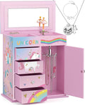 Jewelry Box for Girls 5-Layer with Swing Door Spinning Ballerina Unicorn &Castle Design Unicorn Jewelry Set Included Kids Music Box for Little Girls Birthday Christmas Gift (Pink & Blue)