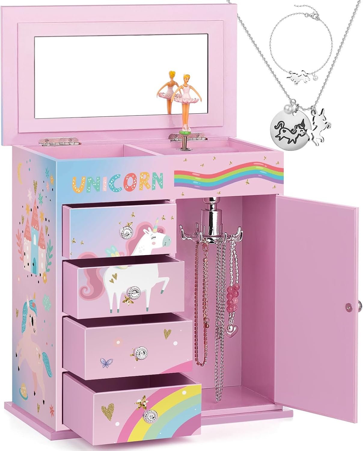 Jewelry Box for Girls 5-Layer with Swing Door Spinning Ballerina Unicorn &Castle Design Unicorn Jewelry Set Included Kids Music Box for Little Girls Birthday Christmas Gift (Pink & Blue)