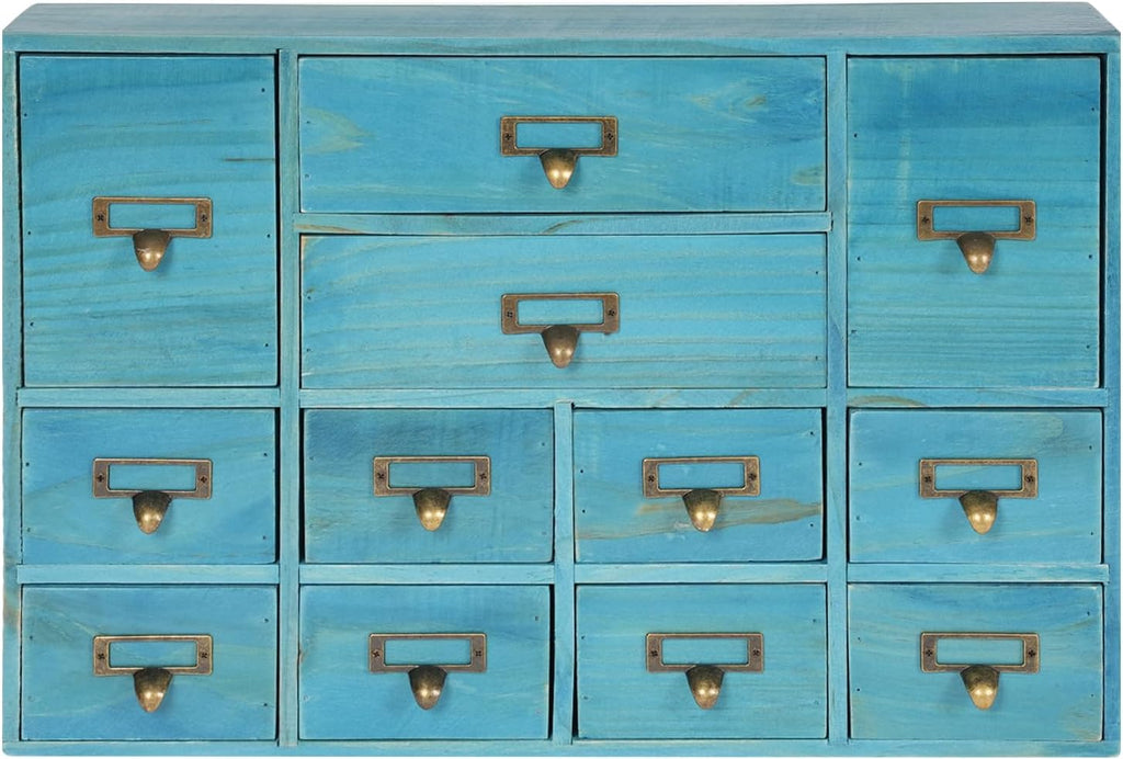 12-Drawer Wooden Storage Cabinet Organizer, Apothecary Cabinet Vintage Library Card Catalog Cabinets for Countertop Apothecary Tea Coffee Pod Storage (Blue)