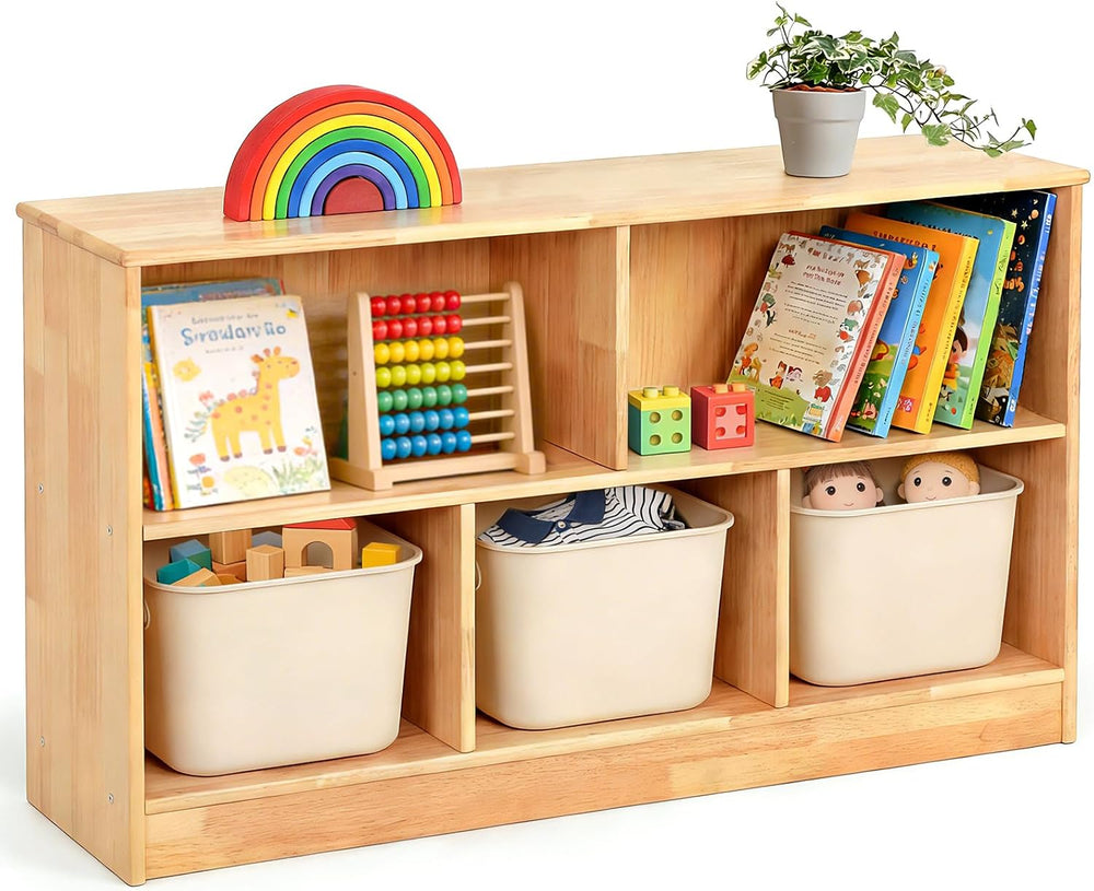 WINGYZ Rubber Wood Montessori Bookshelf, 5-Section Wooden Storage Cabinet