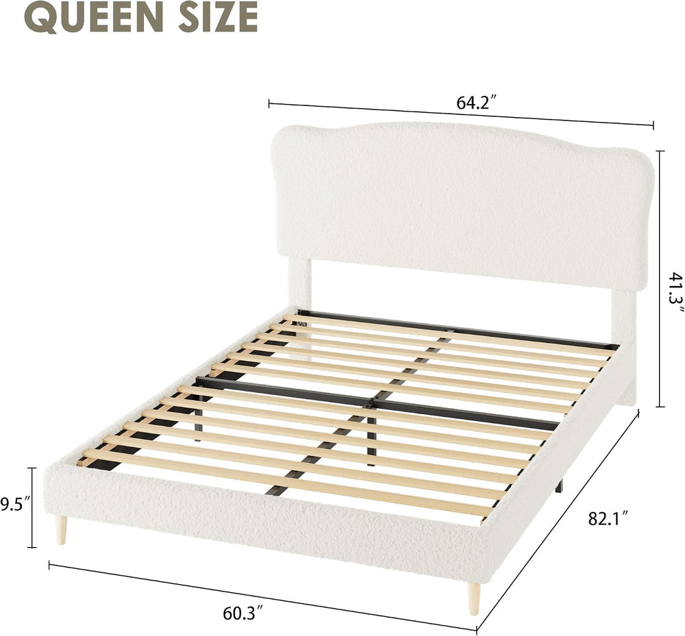 Garvee Bouclé Queen Size Bed Frame with Upholstered Headboard, Beige