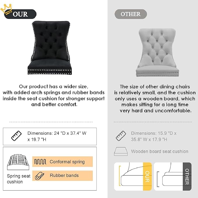 Kiztir Velvet Dining Chairs Set of 6, Upholstered Dining Room Chairs with Ring Pull Trim and Button Back, Luxury Tufted Dining Chairs for Living Room, Bedroom, Kitchen (Black)