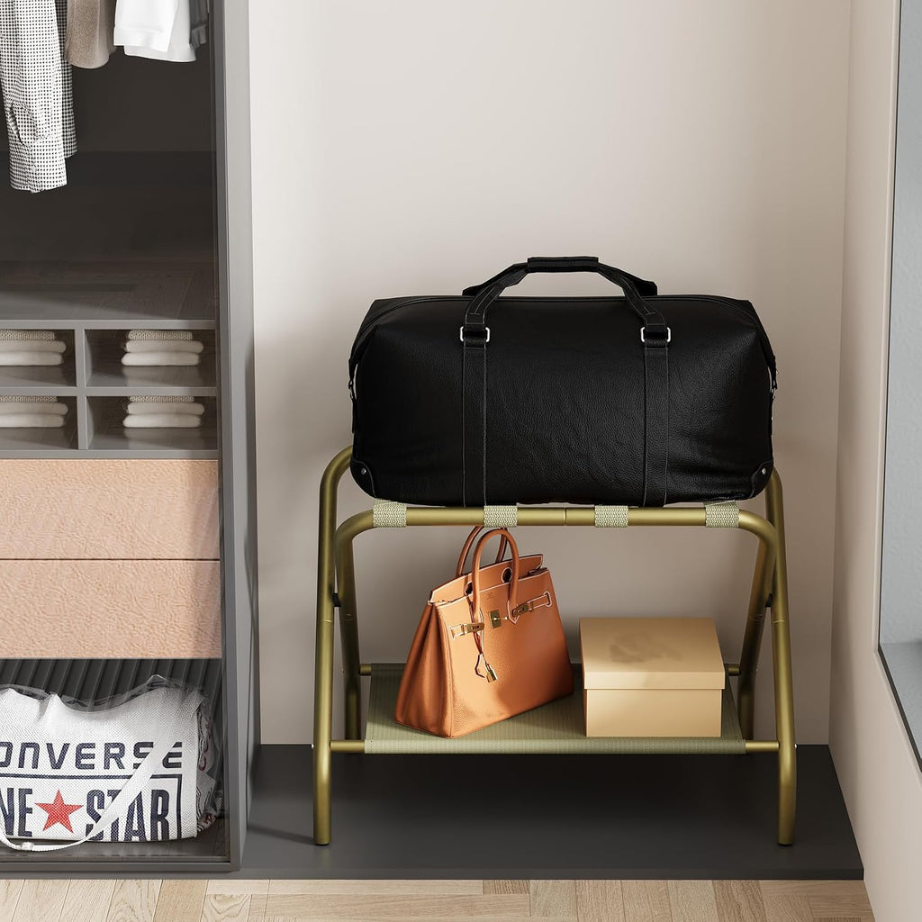 Smuxee Gold Luggage Rack, Foldable Suitcase Stand with Fabric Storage Shelf, Luggage Holder with 4 Nylon Straps for Guest Room Bedroom Hotel