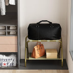 Smuxee Gold Luggage Rack, Foldable Suitcase Stand with Fabric Storage Shelf, Luggage Holder with 4 Nylon Straps for Guest Room Bedroom Hotel